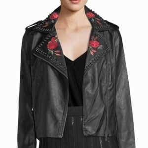 Groovy Monkey Embroidered Faux Leather Floral Moto Jacket with Studs